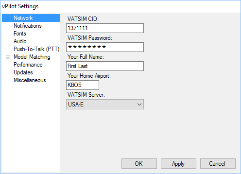 Recommended "General" settings for vPilot.