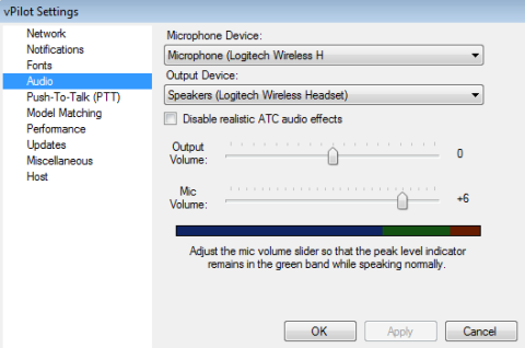 Recommended vPilot "Audio" settings.