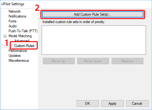 Select "Custom Rules", then "Add Custom Rule Set(s)..." in order to add BVA's model matching rules to vPilot.