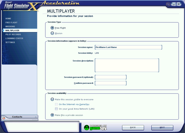 Enter the desired session parameters.