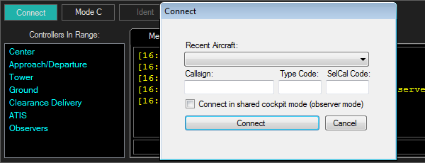 In the "Connect" dialog box, enter information about your aircraft, then connect to the network.