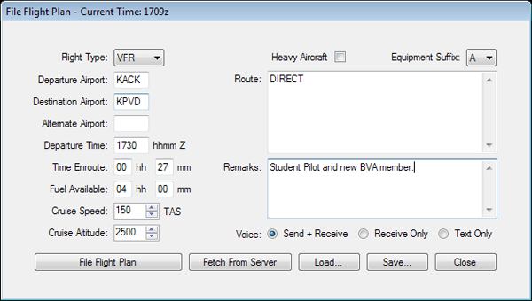 A sample VFR flight plan filed through vPilot.