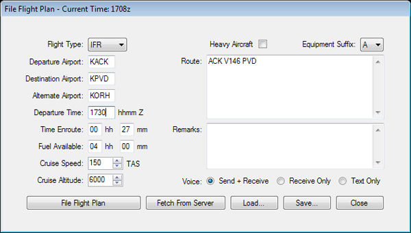 A sample IFR flight plan filed through vPilot.