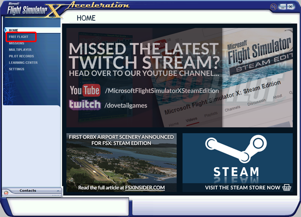 Click on the "Free Flight" tab of FSX to get started.