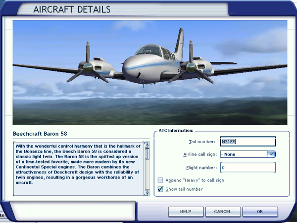 Select an aircraft. The tail number and callsign settings chosen here do not affect how you appear on the network.