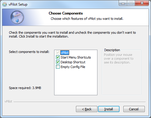 Select your desired installation options for vPilot.