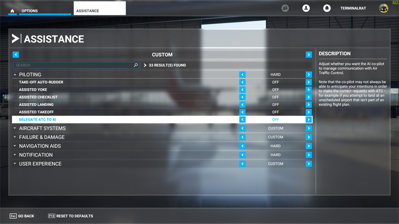 Under "Assistance" and "Piloting", turn off "Delegate ATC to AI".