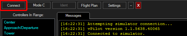 To connect to the network, open vPilot, and click the "Connect" button.