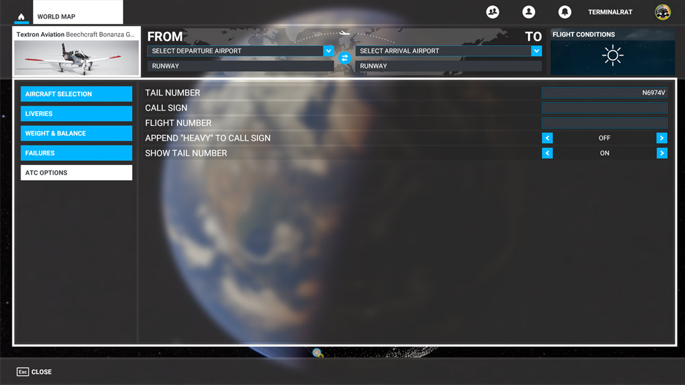 Choose any "ATC Options" relevant for your flight.