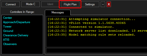 Click on vPilot's "Flight Plan" button to file a flight plan through vPilot.